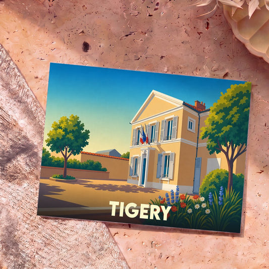 Carte postale souvenir de la ville de Tigery illustrant sa mairie dans un style graphique et coloré.