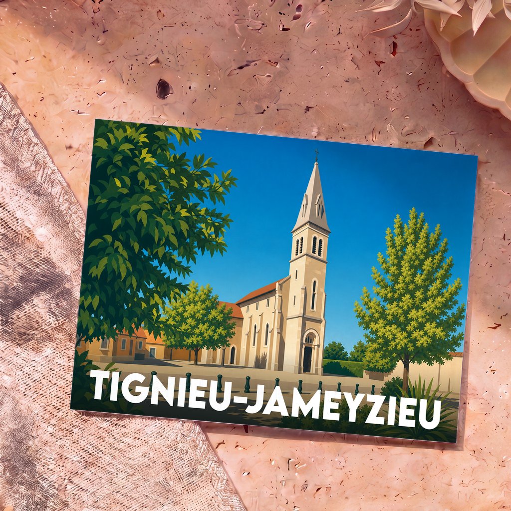 Carte postale souvenir de la ville de Tignieu-Jameyzieu avec une illustration stylisée de son église.