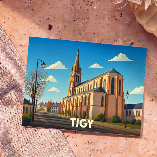 Carte postale souvenir de la ville de Tigy avec une illustration stylisée de son église sous un ciel bleu.