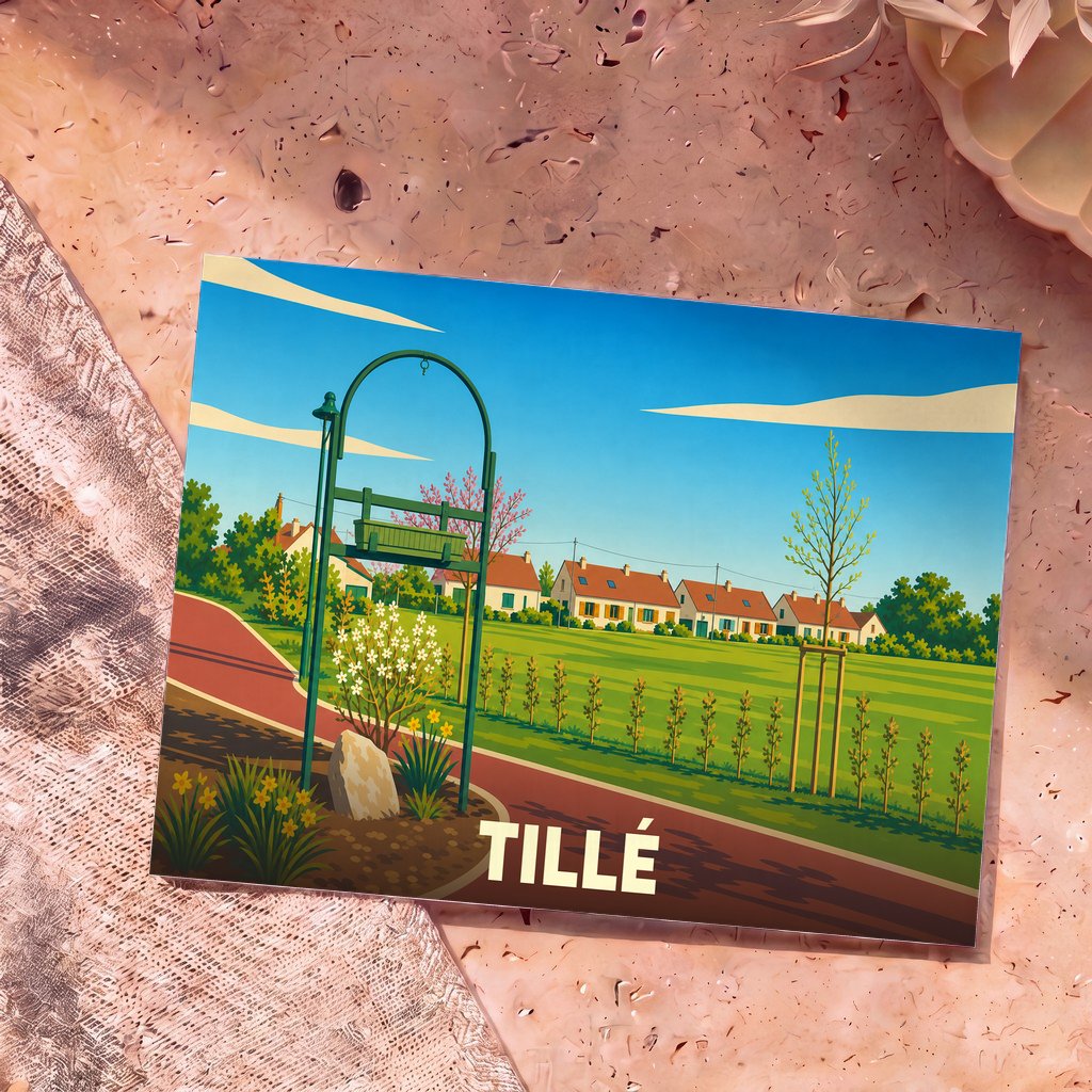 Carte postale souvenir de la ville de Tillé illustrant un paysage de village paisible dans un style graphique épuré.