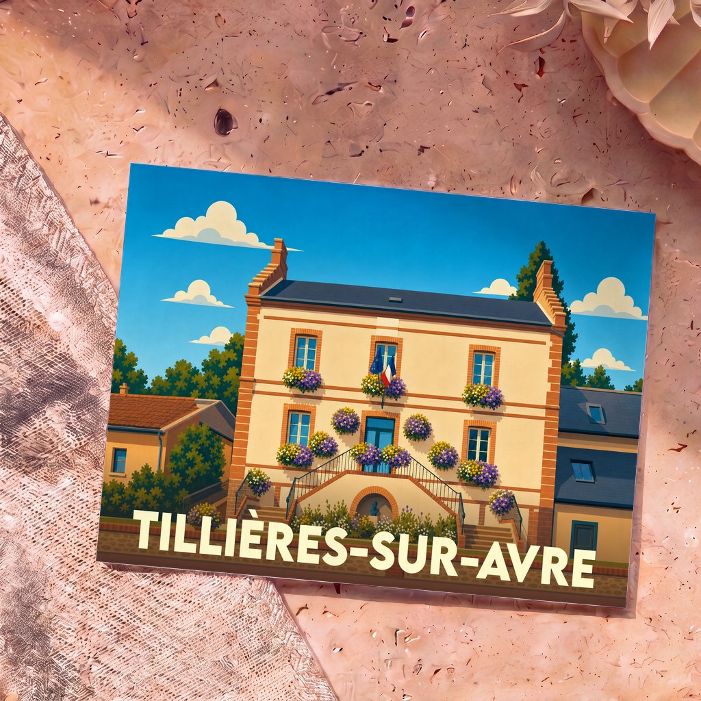 Carte postale souvenir de Tillières-sur-Avre illustrant la mairie fleurie dans un style graphique et coloré.