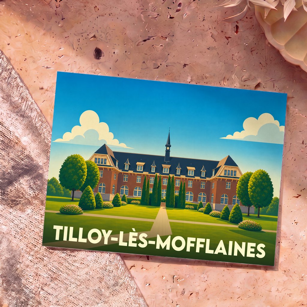 Carte postale souvenir de la ville de Tilloy-lès-Mofflaines avec une illustration stylisée d'un grand bâtiment historique et de ses jardins.