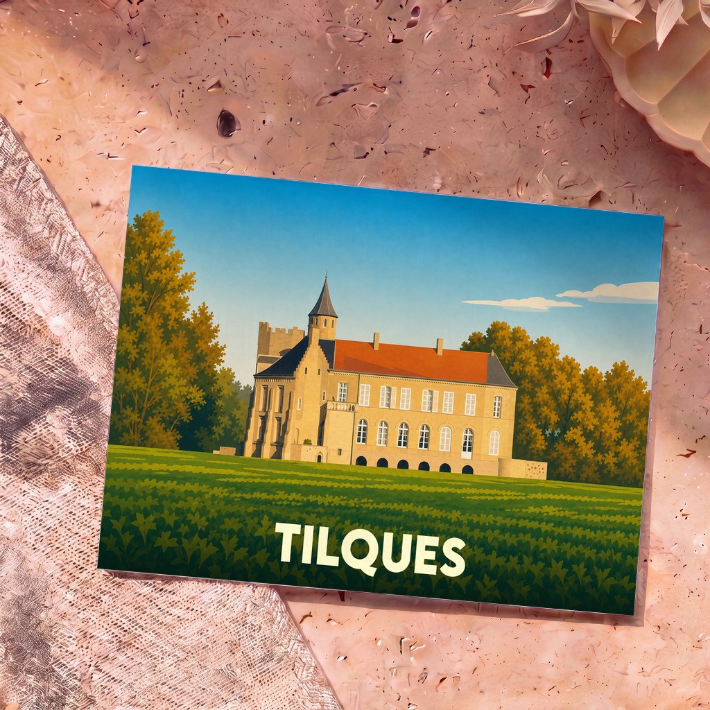 Carte postale souvenir de la ville de Tilques illustrant son château dans un style épuré et coloré.