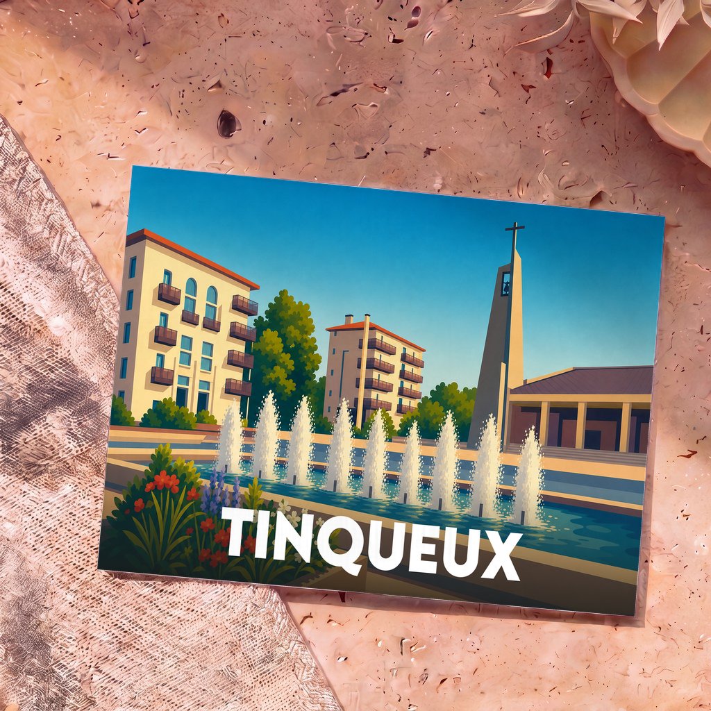 Carte postale souvenir de la ville de Tinqueux avec une illustration stylisée d'une place arborée et ses fontaines.