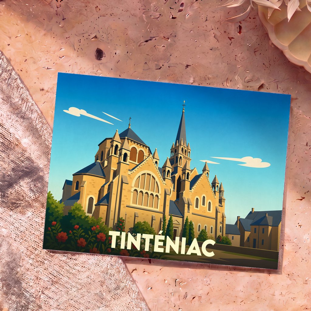 Carte postale souvenir de la ville de Tinténiac avec une illustration stylisée de son église.