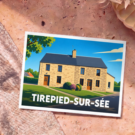 Carte postale souvenir de la commune de Tirepied-sur-Sée avec une illustration stylisée d'une maison traditionnelle en pierre.