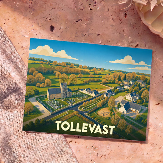 Carte postale souvenir de la ville de Tollevast avec une illustration stylisée d'un village normand.