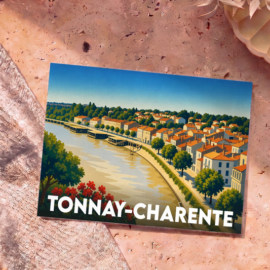 Carte postale souvenir de la ville de Tonnay-Charente illustrée d'une vue stylisée des quais et de la Charente.