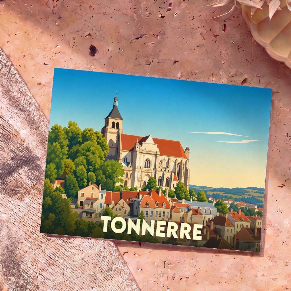 Carte postale souvenir de la ville de Tonnerre avec une illustration stylisée de son église surplombant les toits.