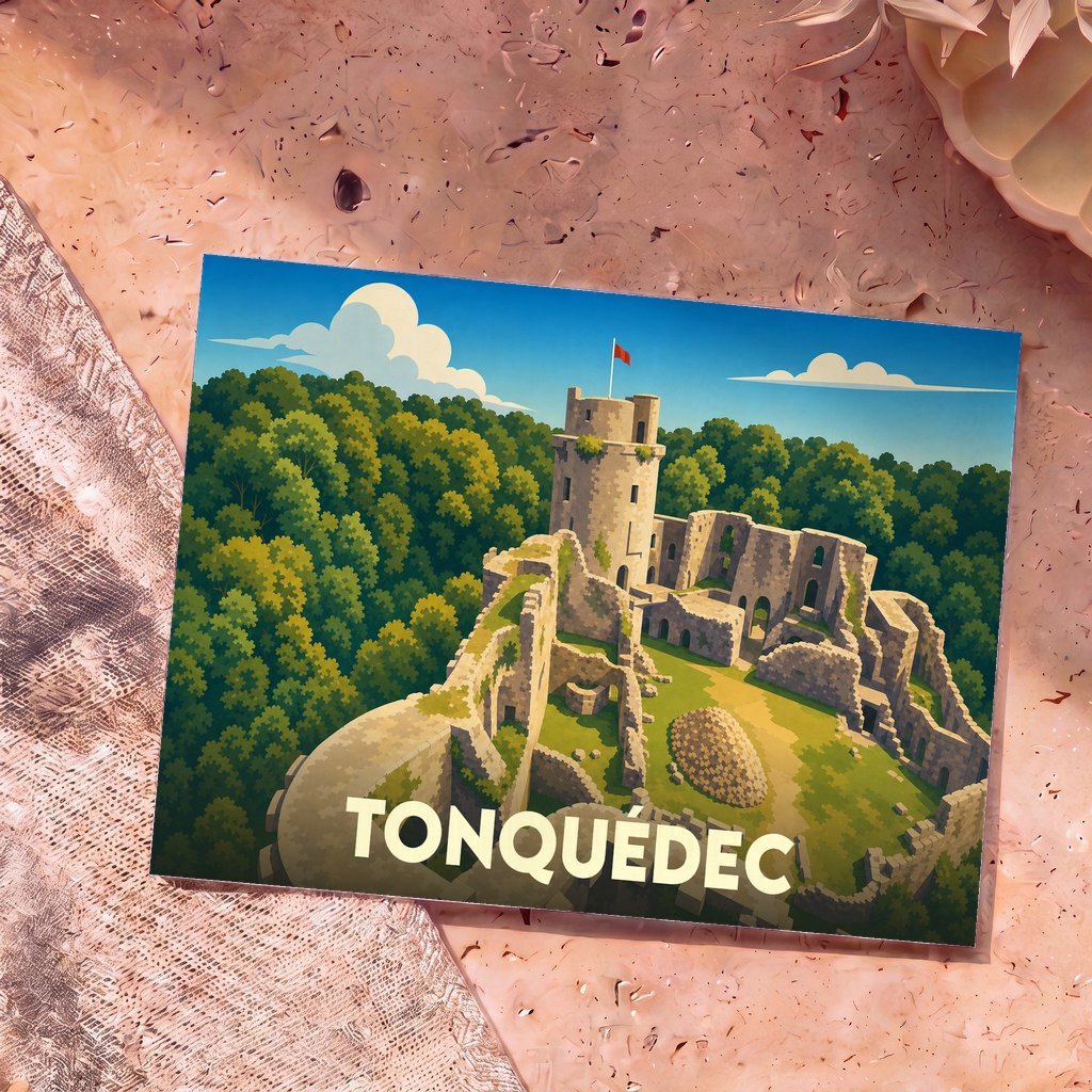 Carte postale souvenir de la ville de Tonquédec illustrant les ruines de son château médiéval dans un style graphique épuré.