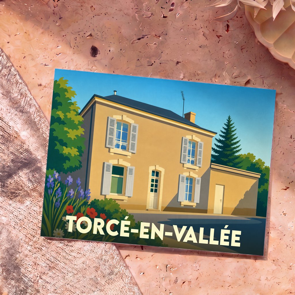 Carte postale souvenir de Torcé-en-Vallée illustrant une maison traditionnelle au style épuré.