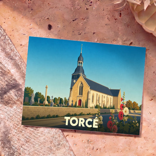 Carte postale souvenir de la ville de Torcé avec une illustration stylisée de son église et de son cimetière.