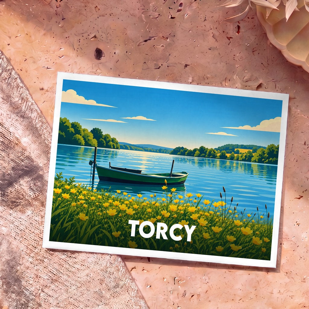 Carte postale souvenir de la ville de Torcy avec une illustration stylisée d'une barque sur un lac bordé de fleurs jaunes.