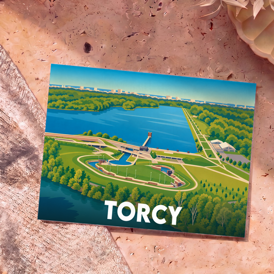 Carte postale souvenir de la ville de Torcy illustrant sa base de loisirs dans un style graphique épuré.