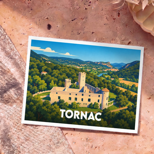 Carte postale souvenir de la ville de Tornac avec une illustration stylisée de son château médiéval.