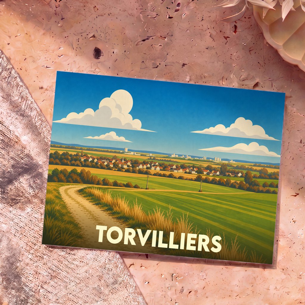 Carte postale souvenir de la ville de Torvilliers avec une illustration stylisée de son paysage rural.
