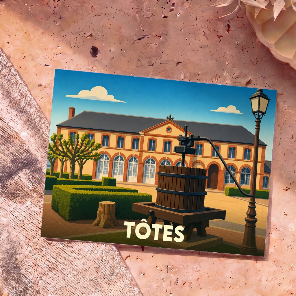 Carte postale souvenir de la ville de Tôtes avec une illustration stylisée d'un bâtiment historique et d'un ancien pressoir.