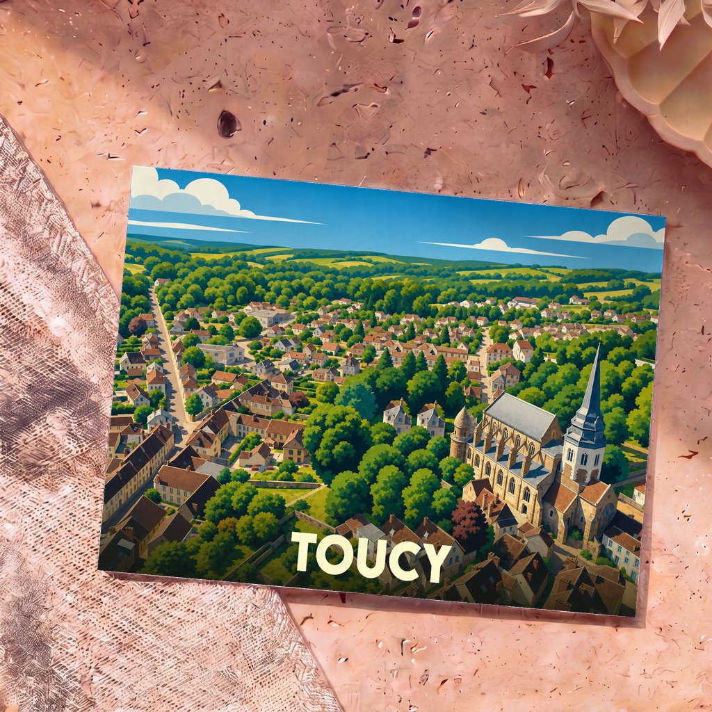 Carte postale souvenir de la ville de Toucy avec une illustration panoramique et colorée.