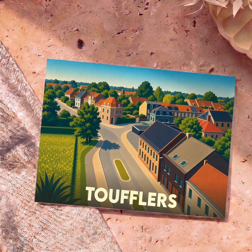 Carte postale souvenir de la ville de Toufflers avec une illustration stylisée d'un quartier résidentiel.