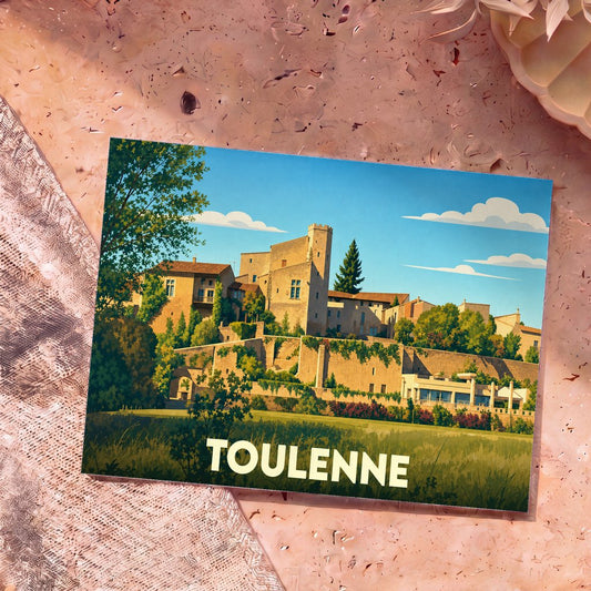 Carte postale souvenir de la ville de Toulenne avec une illustration stylisée de son patrimoine architectural.