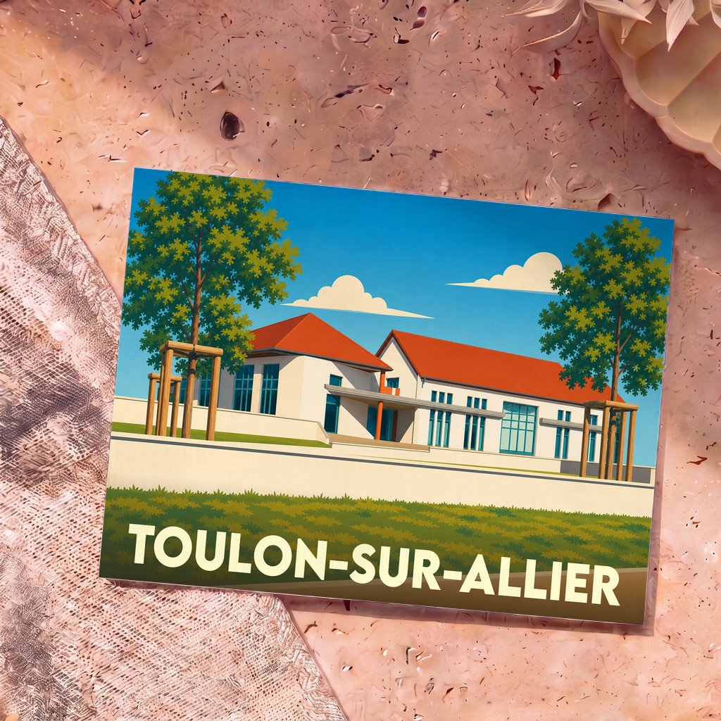 Carte postale souvenir de Toulon-sur-Allier illustrant un bâtiment moderne sous un ciel bleu parsemé de nuages.