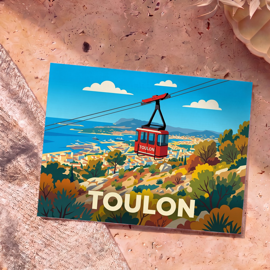 Carte postale souvenir de la ville de Toulon illustrant son célèbre téléphérique rouge surplombant la rade.
