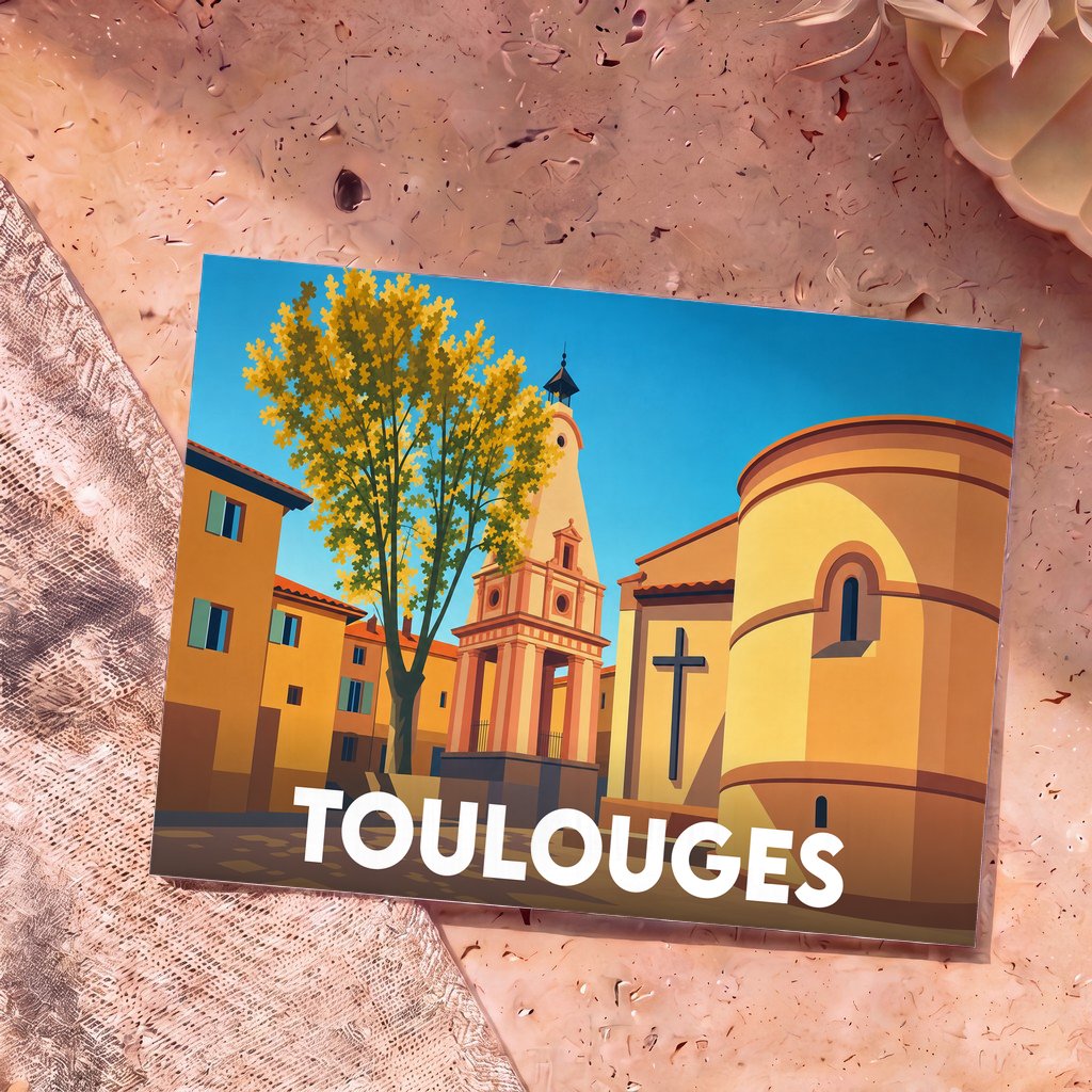 Carte postale souvenir de la ville de Toulouges avec une illustration stylisée et colorée de son patrimoine.
