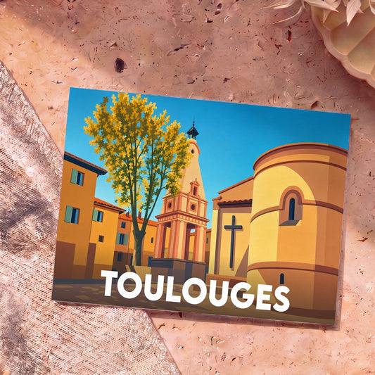 Carte postale souvenir de la ville de Toulouges avec une illustration stylisée et colorée de son patrimoine.