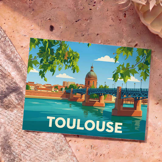 Carte postale souvenir de la ville de Toulouse avec une illustration stylisée du dôme de la Grave et du pont Saint-Pierre.