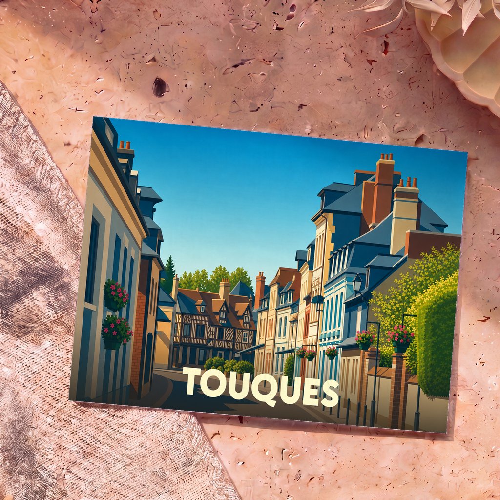 Carte postale souvenir de la ville de Touques ornée d'une illustration stylisée de ses rues pittoresques.