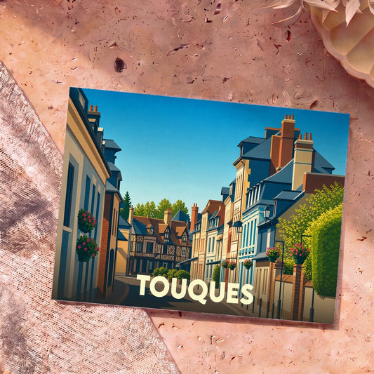 Carte postale souvenir de la ville de Touques ornée d'une illustration stylisée de ses rues pittoresques.