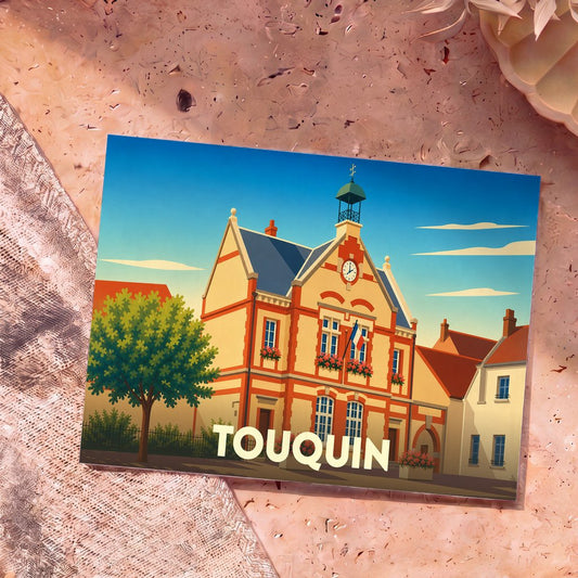 Carte postale souvenir de la ville de Touquin avec une illustration stylisée de sa mairie.