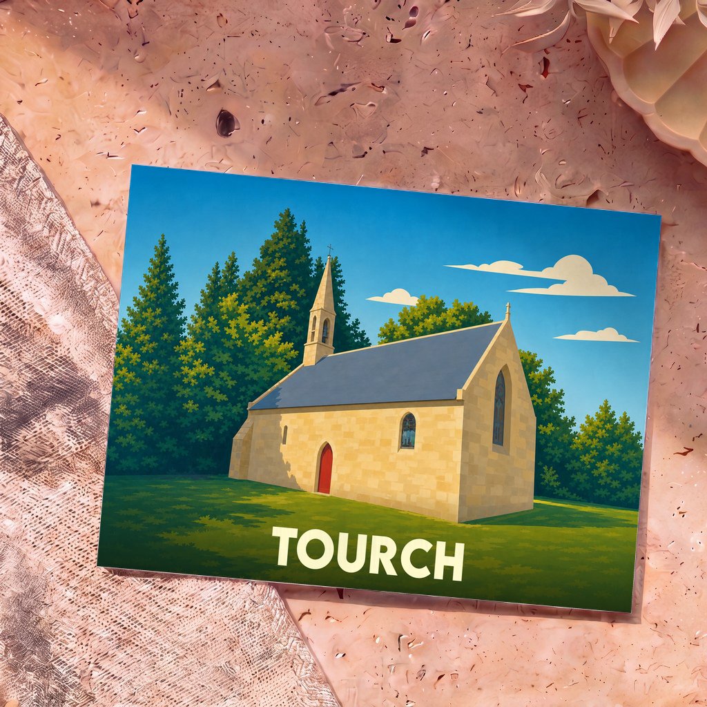 Carte postale souvenir de la ville de Tourch avec une illustration stylisée de son église.