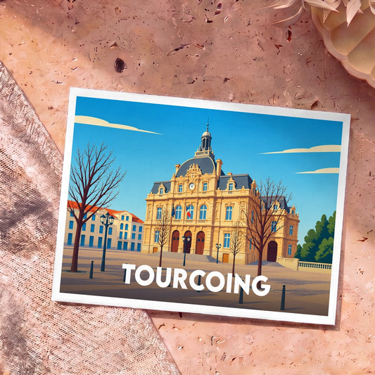 Carte postale souvenir de la ville de Tourcoing avec une illustration stylisée de son hôtel de ville.