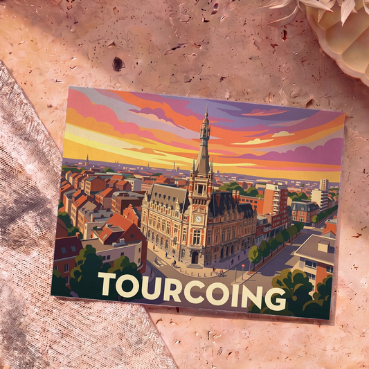 Carte postale souvenir de la ville de Tourcoing avec une illustration colorée et stylisée de l'hôtel de ville au coucher du soleil.