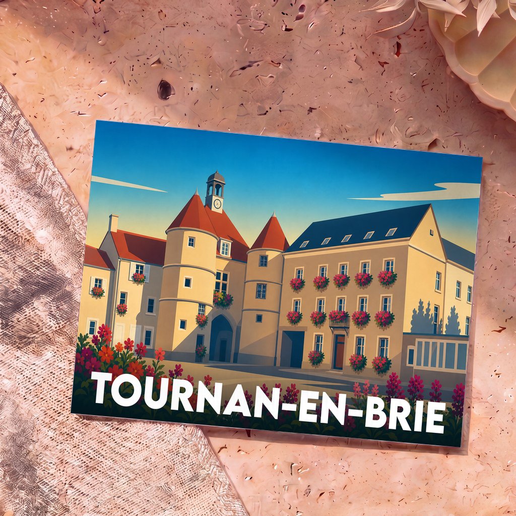 Carte postale souvenir de la ville de Tournan-en-Brie avec une illustration colorée et stylisée de son architecture.