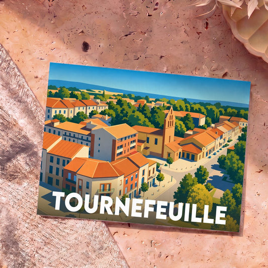 Carte postale souvenir de la ville de Tournefeuille avec une illustration stylisée et colorée de ses bâtiments.