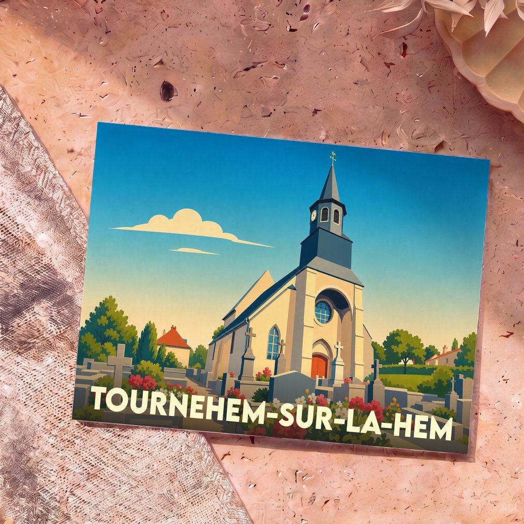 Carte postale souvenir de la ville de Tournehem-sur-la-Hem avec une illustration stylisée de son église et de son cimetière.
