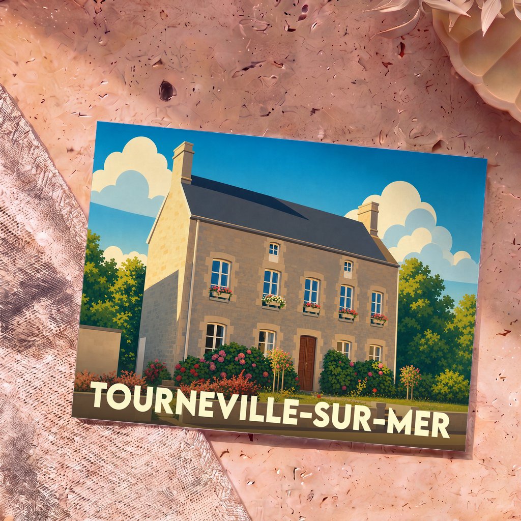 Carte postale souvenir de la ville de Tourneville-sur-Mer avec une illustration stylisée d'une maison en pierre fleurie.