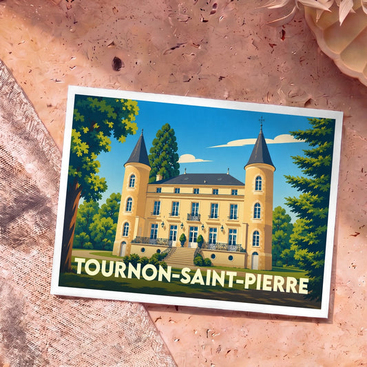 Carte postale souvenir de la ville de Tournon-Saint-Pierre avec une illustration stylisée d'un château entre deux tours.