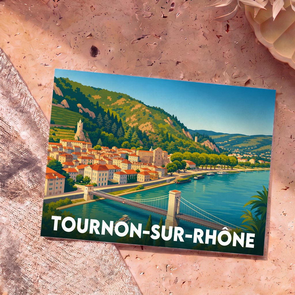 Carte postale souvenir de la ville de Tournon-sur-Rhône avec une illustration stylisée du pont et des coteaux.
