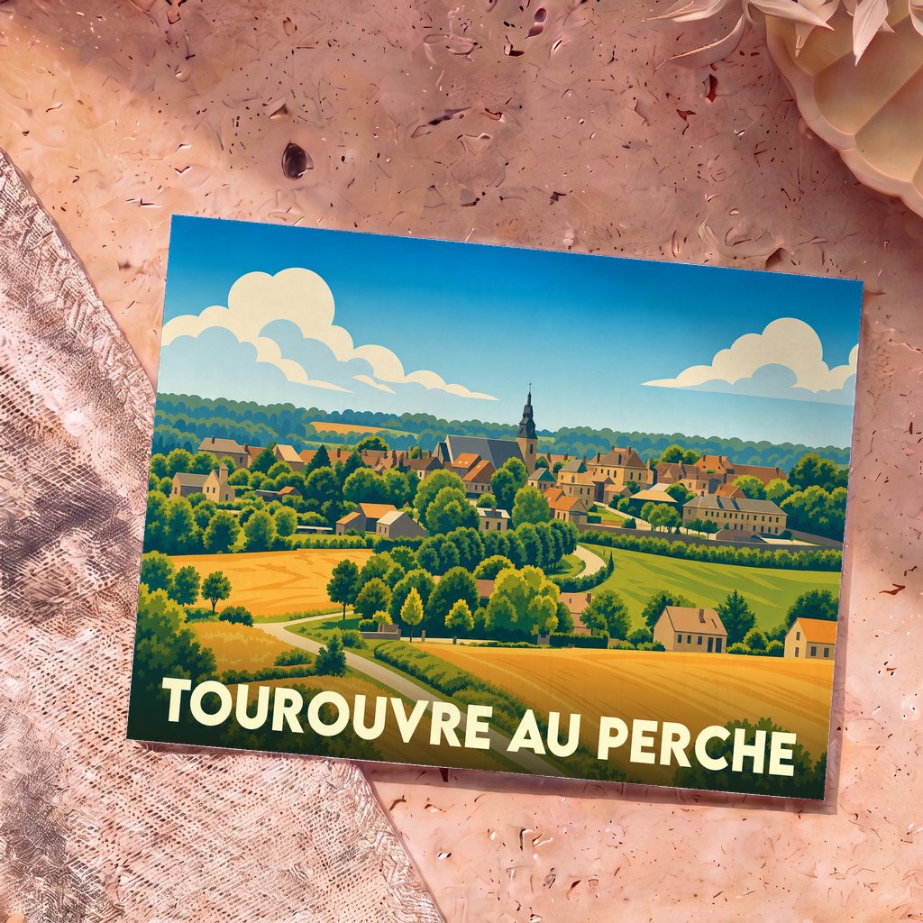 Carte postale souvenir de la ville de Tourouvre au Perche avec une illustration stylisée de son paysage rural.