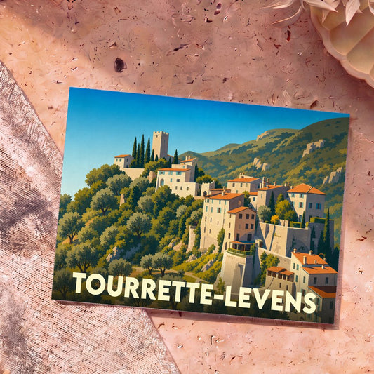 Carte postale souvenir de la ville de Tourrette-Levens illustrant le village perché dans un style graphique rétro.