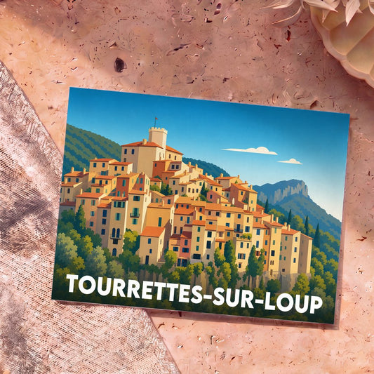 Carte postale souvenir de la ville de Tourrettes-sur-Loup avec une illustration stylisée.