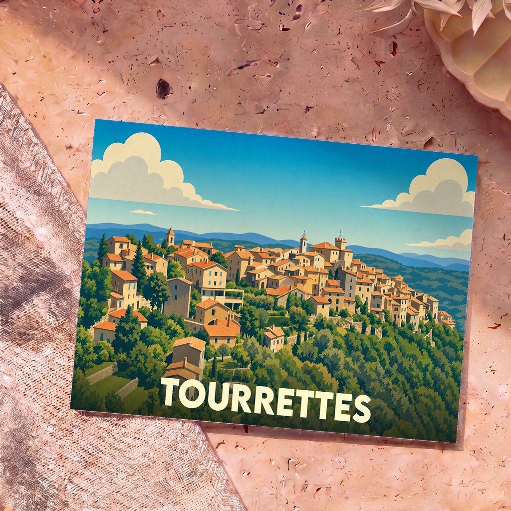 Carte postale souvenir de la ville de Tourrettes illustrant un village perché aux maisons provençales.