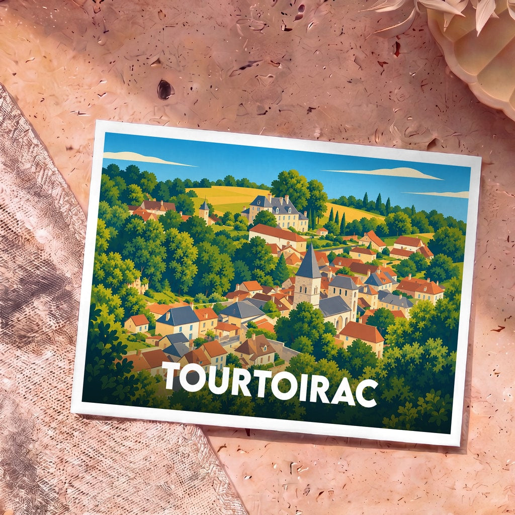 Carte postale souvenir de la ville de Tourtoirac avec une illustration colorée et stylisée de ses paysages et habitations.