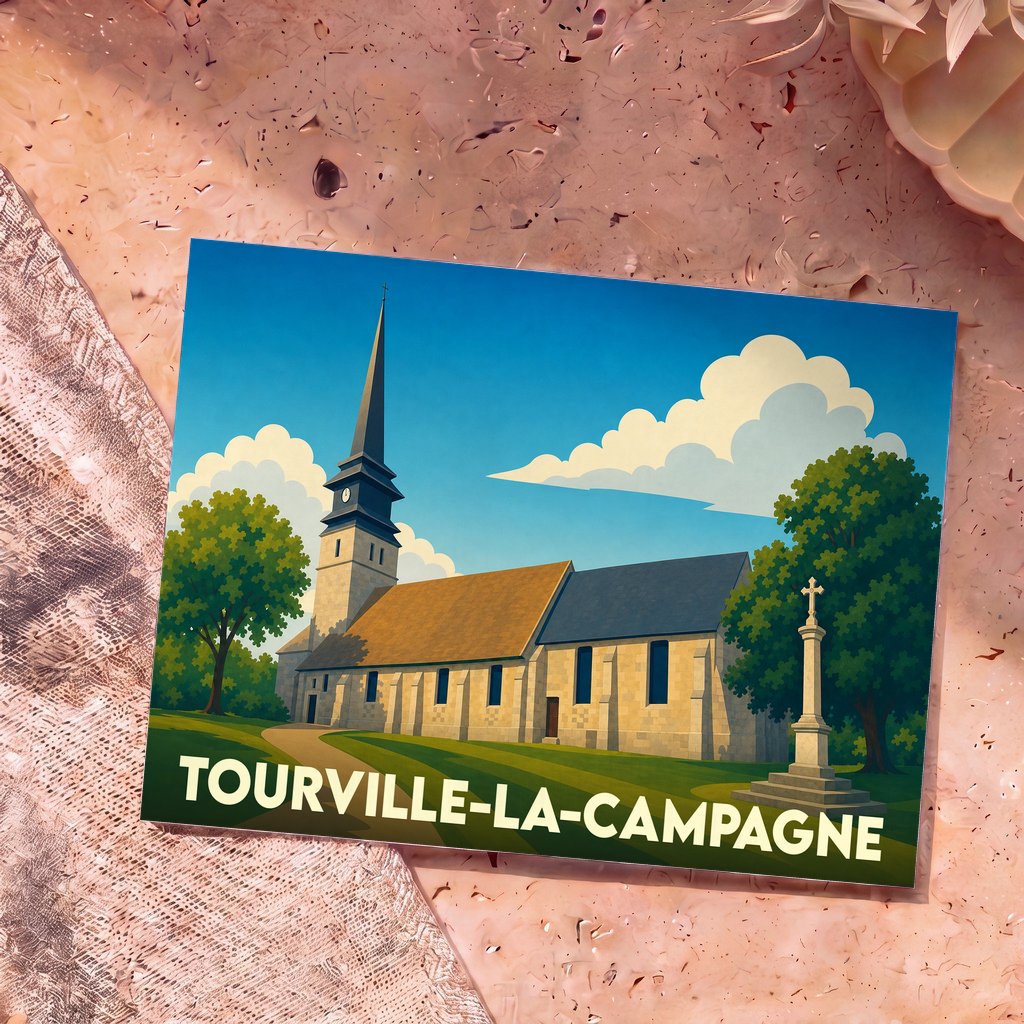 Carte postale souvenir de la ville de Tourville-la-Campagne avec une illustration stylisée de son église.
