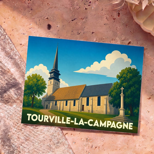 Carte postale souvenir de la ville de Tourville-la-Campagne avec une illustration stylisée de son église.