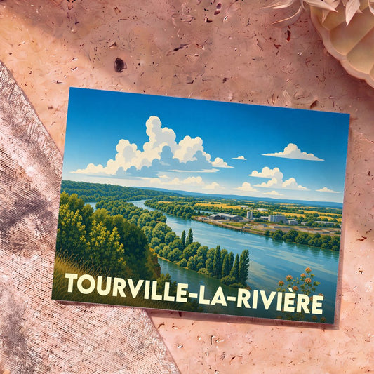 Carte postale souvenir de la ville de Tourville-la-Rivière avec une illustration stylisée des bords de Seine.