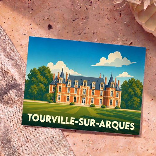 Carte postale souvenir de la ville de Tourville-sur-Arques avec une illustration stylisée de son château.